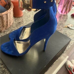 bebe Royal Blue Suede High Heel Sandals with Gold Accent